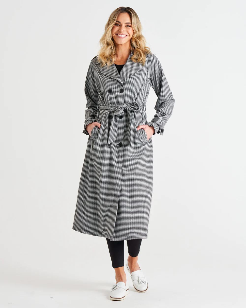 BETTY BASICS Ponte Trench Coat - Black Houndstooth Coat - Zabecca Living