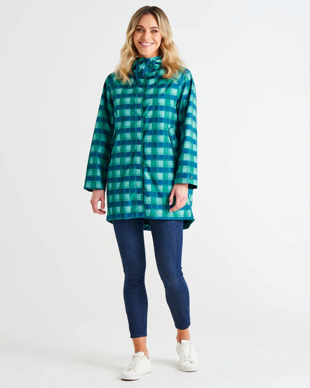 BETTY BASICS Rosie Raincoat - Green/Blue Tartan Coat - Zabecca Living