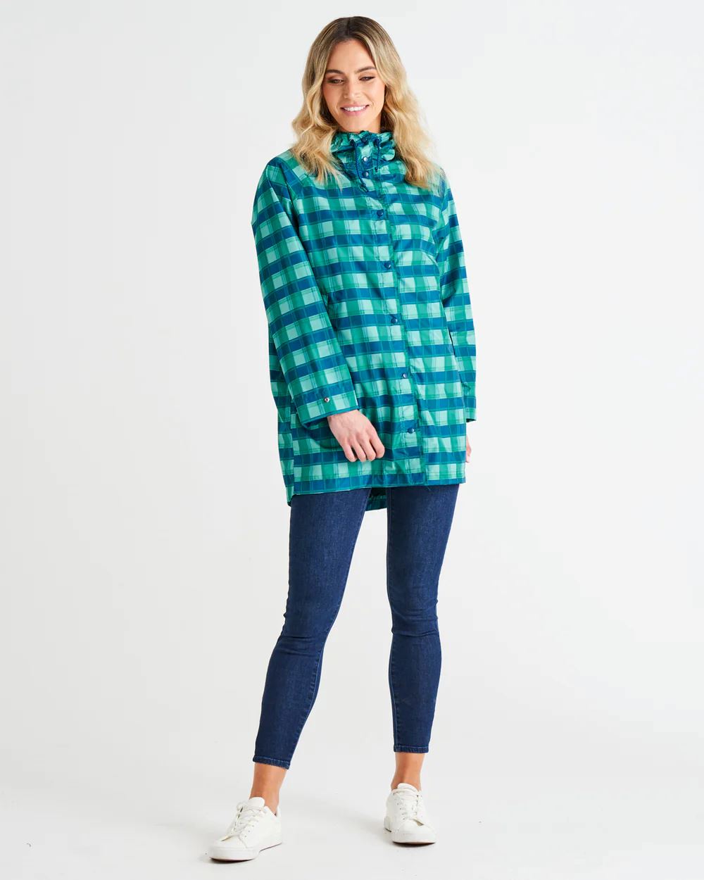 BETTY BASICS Rosie Raincoat - Green/Blue Tartan Coat - Zabecca Living