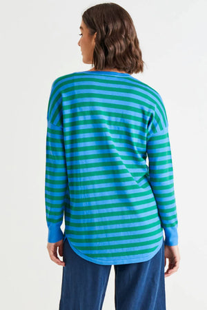 BETTY BASICS Sophie Relaxed Knit Jumper - Green/Blue Stripe Jumpers + Knitwear - Zabecca Living