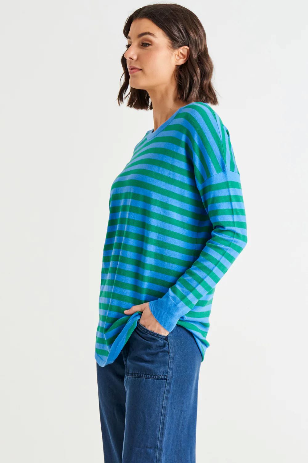 BETTY BASICS Sophie Relaxed Knit Jumper - Green/Blue Stripe Jumpers + Knitwear - Zabecca Living