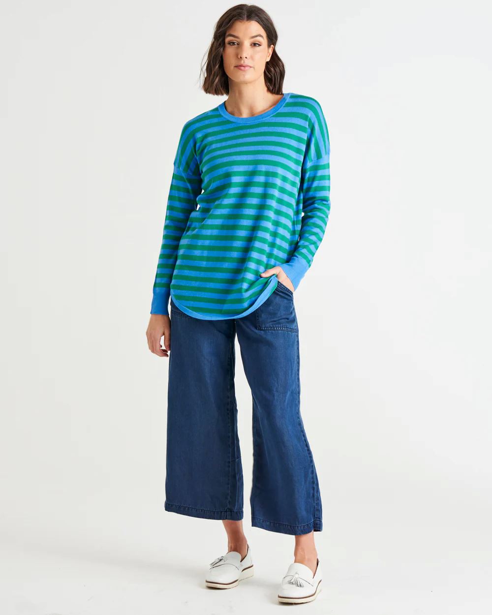 BETTY BASICS Sophie Relaxed Knit Jumper - Green/Blue Stripe Jumpers + Knitwear - Zabecca Living