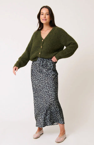 CARTEL & WILLOW Millie Slip Skirt - Khaki Leopard Skirt - Zabecca Living