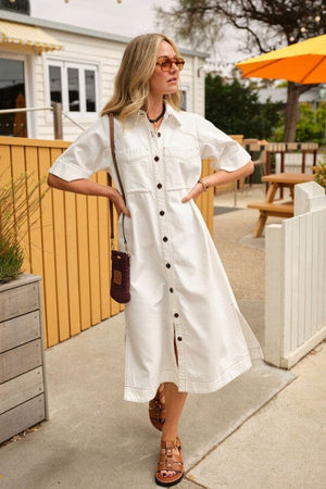 CERES LIFE Ava Short Sleeve Midi Dress - Fresh Ecru Twill Dress - Zabecca Living