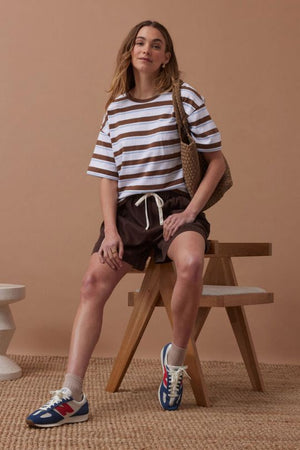 CERES LIFE Boa Boxy Pocket Tee - White / Milk Choc Chalk Stripe Tee - Zabecca Living