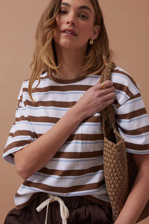 CERES LIFE Boa Boxy Pocket Tee - White / Milk Choc Chalk Stripe Tee - Zabecca Living