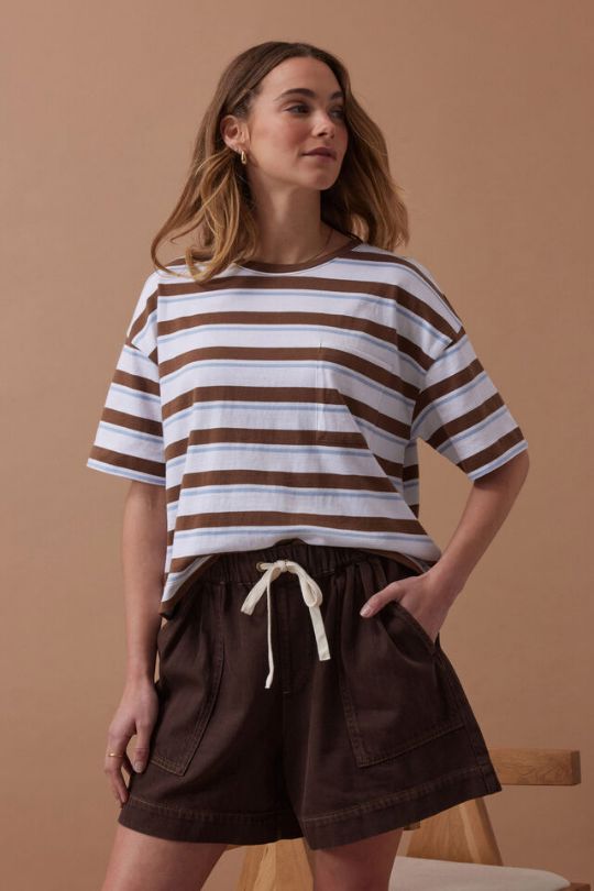 CERES LIFE Boa Boxy Pocket Tee - White / Milk Choc Chalk Stripe Tee - Zabecca Living