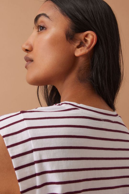 CERES LIFE Esme Extended Shoulder Tee - White / Pomegranate Stripe Tee - Zabecca Living