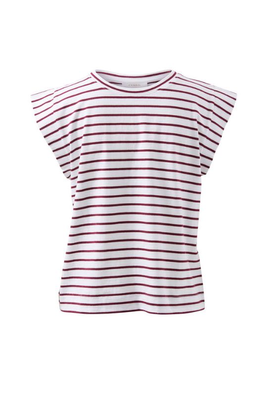 CERES LIFE Esme Extended Shoulder Tee - White / Pomegranate Stripe Tee - Zabecca Living