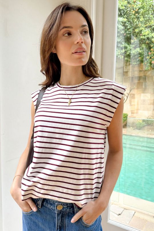 CERES LIFE Esme Extended Shoulder Tee - White / Pomegranate Stripe Tee - Zabecca Living