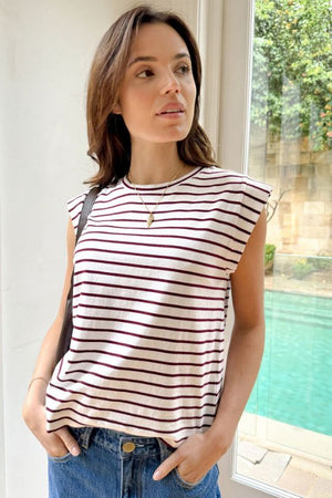 CERES LIFE Esme Extended Shoulder Tee - White / Pomegranate Stripe Tee - Zabecca Living