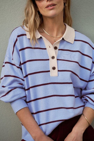 CERES LIFE Jessa Rugby Knit - Sky Blue Stripe Jumpers + Knitwear - Zabecca Living