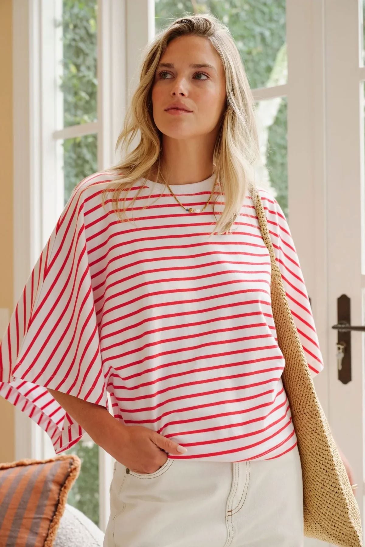 CERES LIFE Lucy Relaxed Sleeve Tee - White / Heritage Red Stripe Tee - Zabecca Living