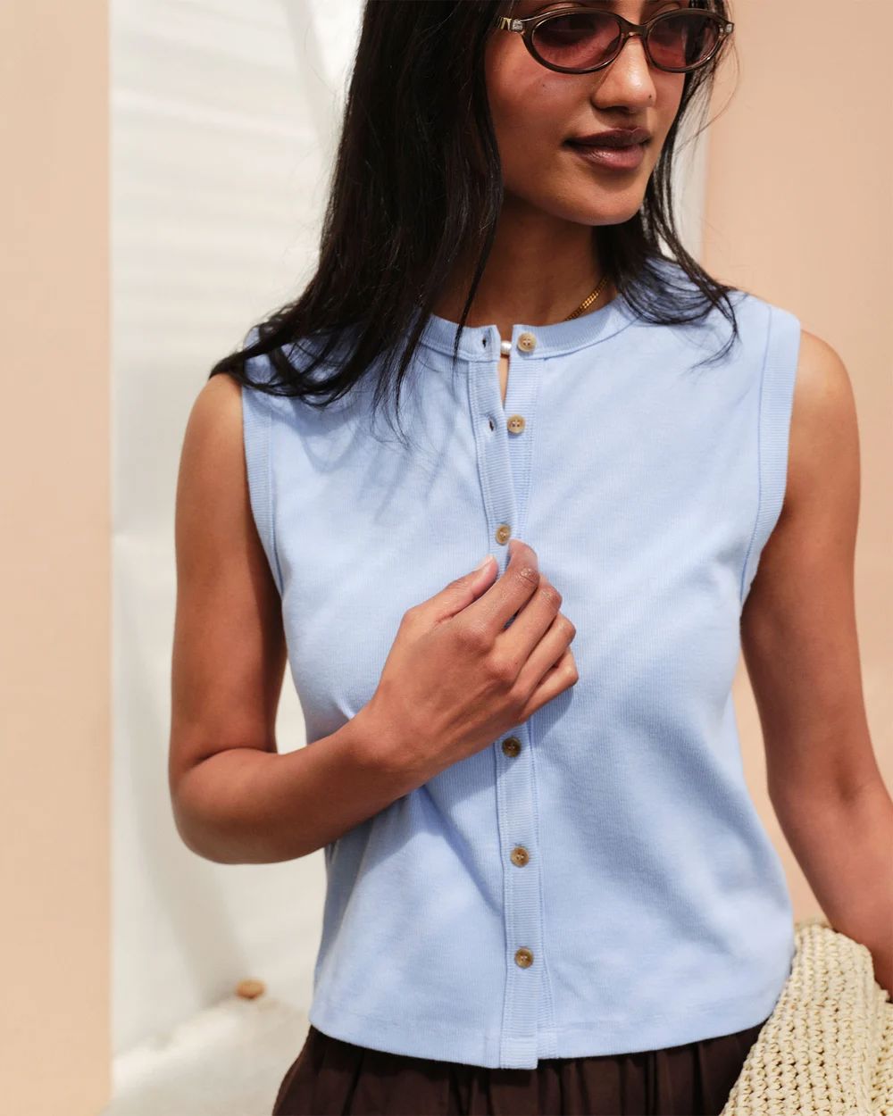 CERES LIFE Lyla Button Through Rib Tank - Sky Blue Tank - Zabecca Living