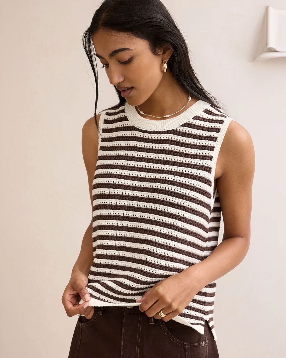 CERES LIFE Maddy Mesh Knit Tank - Brunette Stripe Tank - Zabecca Living