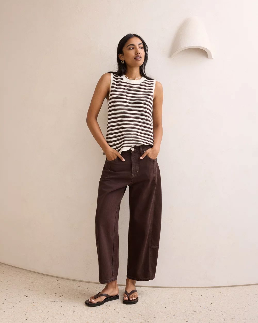 CERES LIFE Maddy Mesh Knit Tank - Brunette Stripe Tank - Zabecca Living