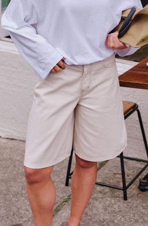 CERES LIFE Olive Belted Denim Short - Fresh Sand SHORTS - Zabecca Living