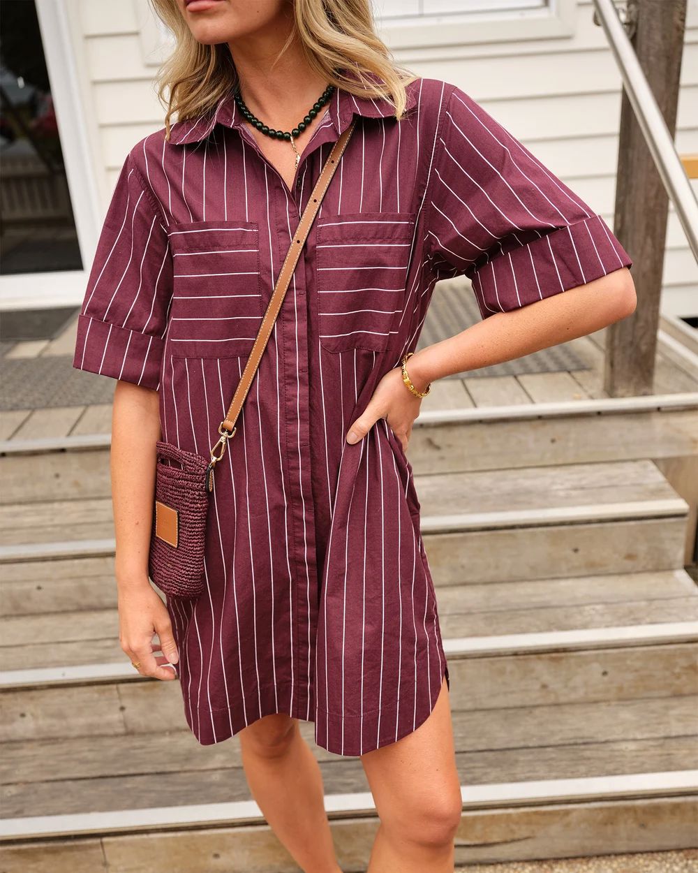 CERES LIFE Sara Mini Shirt Dress - Wine Pinstripe Dress - Zabecca Living