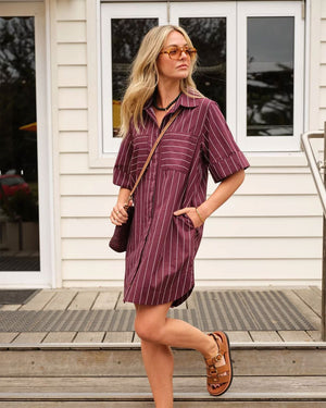 CERES LIFE Sara Mini Shirt Dress - Wine Pinstripe Dress - Zabecca Living