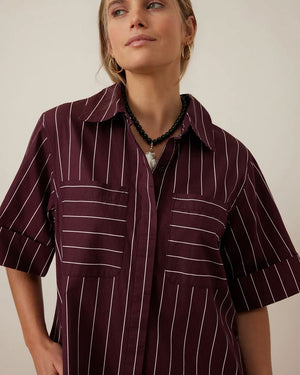 CERES LIFE Sara Mini Shirt Dress - Wine Pinstripe Dress - Zabecca Living
