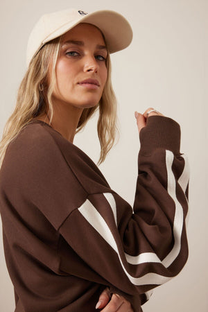 CERES LIFE Sasha Sporty Slouchy Crew - Chocolate Side Stripe Jumpers + Knitwear - Zabecca Living