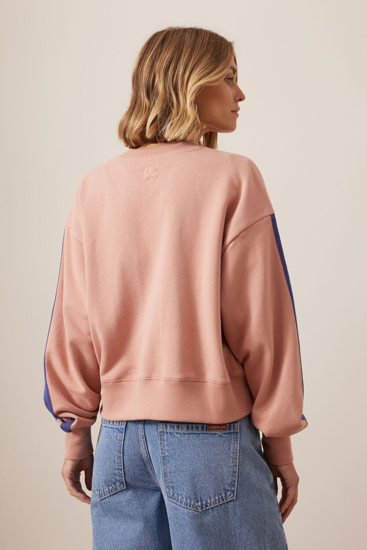 CERES LIFE Sasha Sporty Slouchy Crew - Pink Clay Washed Navy Side Stripe Jumpers + Knitwear - Zabecca Living
