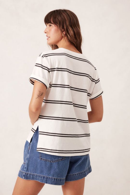 CERES LIFE Stevie Slouchy Split Hem Tee - Vanilla / Phantom Double Stripe Tee - Zabecca Living