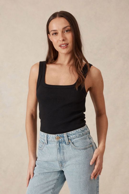 CERES LIFE Zaeli Contour Rib Square Neck Tank - Black Tank - Zabecca Living