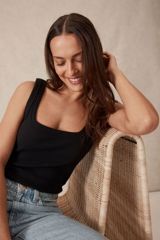 CERES LIFE Zaeli Contour Rib Square Neck Tank - Black Tank - Zabecca Living