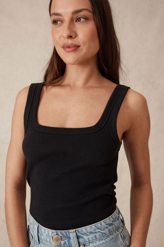 CERES LIFE Zaeli Contour Rib Square Neck Tank - Black Tank - Zabecca Living