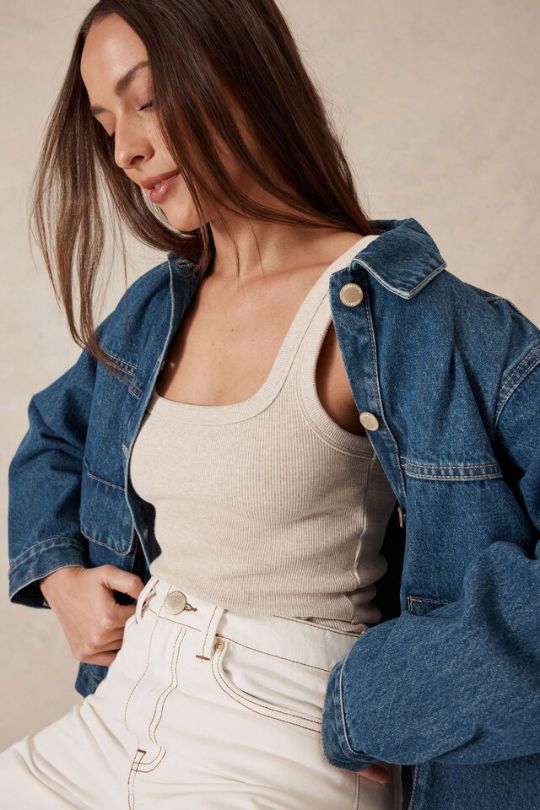 CERES LIFE Zaeli Contour Rib Square Neck Tank - Oatmeal / Marle Tank - Zabecca Living