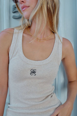 CERES LIFE Zoe Contour Rib Scoop Tank - Beige / Black Monogram Tank - Zabecca Living