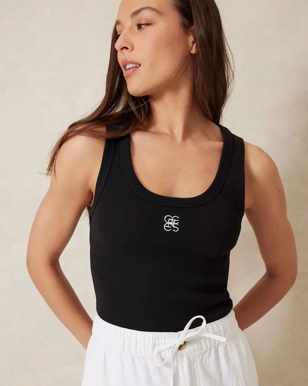 CERES LIFE Zoe Contour Rib Scoop Tank - Black / White Monogram Tank - Zabecca Living