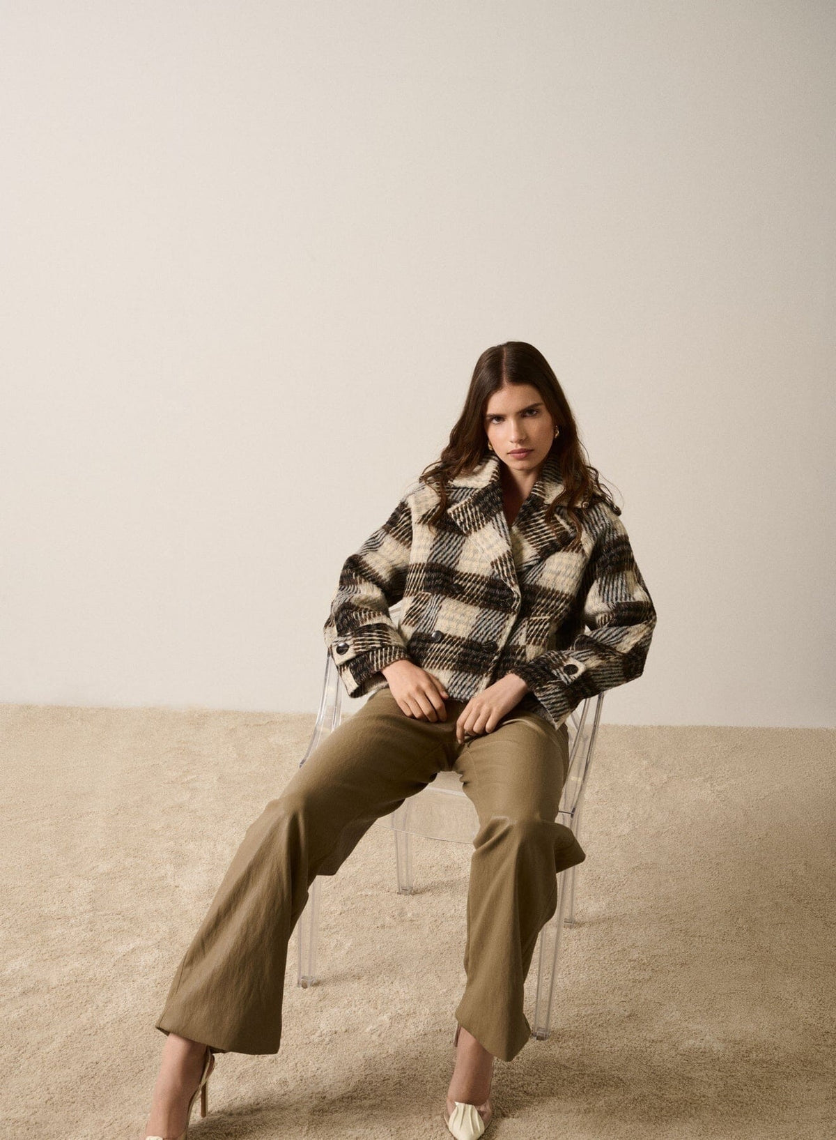 ESMAEE Ridder Cropped Coat - Brown/Grey Check Coat - Zabecca Living