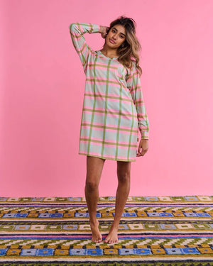 KIP & CO Organic Cotton Long Sleeve Nightie - Pistachio Tartan Sleepwear - Zabecca Living