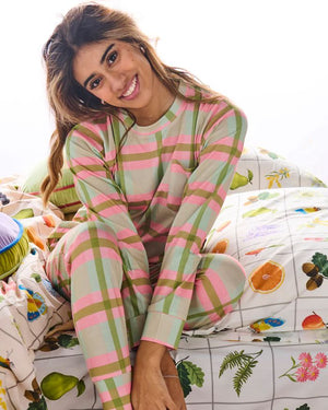 KIP & CO Organic Cotton Long Sleeve Pyjama Top & Slouch Pant Set - Pistachio Tartan Sleepwear - Zabecca Living