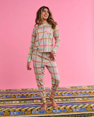 KIP & CO Organic Cotton Long Sleeve Pyjama Top & Slouch Pant Set - Pistachio Tartan Sleepwear - Zabecca Living