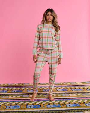 KIP & CO Organic Cotton Long Sleeve Pyjama Top & Slouch Pant Set - Pistachio Tartan Sleepwear - Zabecca Living