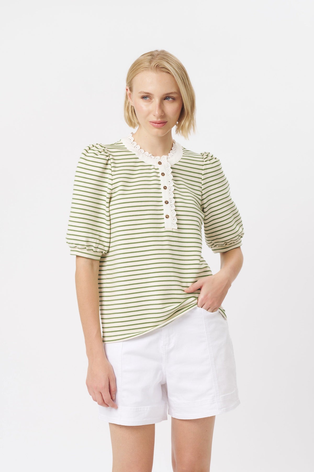 KIREINA Jacqueline Top -White with Green Stripe vest - Zabecca Living