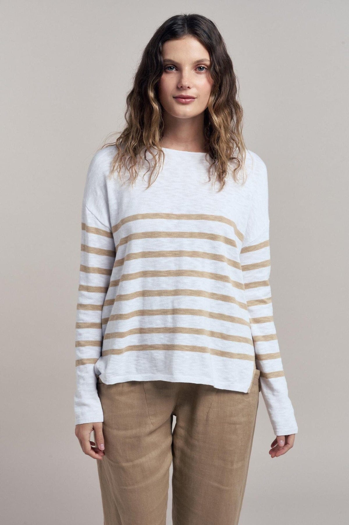 LITTLE LIES Bobbi Top - White / Camel Jumpers + Knitwear - Zabecca Living