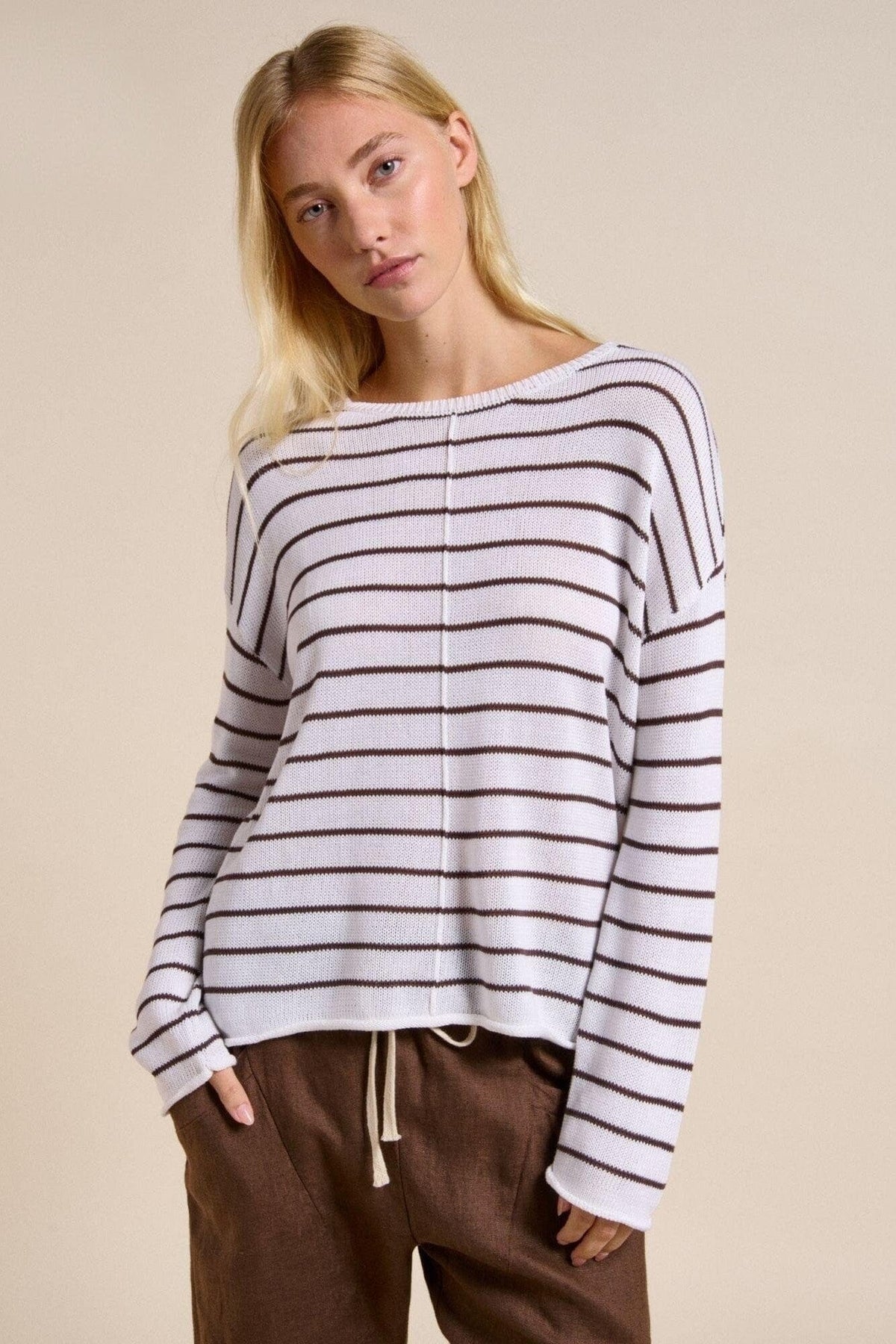 LITTLE LIES Indi Knit - White/Chocolate Jumpers + Knitwear - Zabecca Living