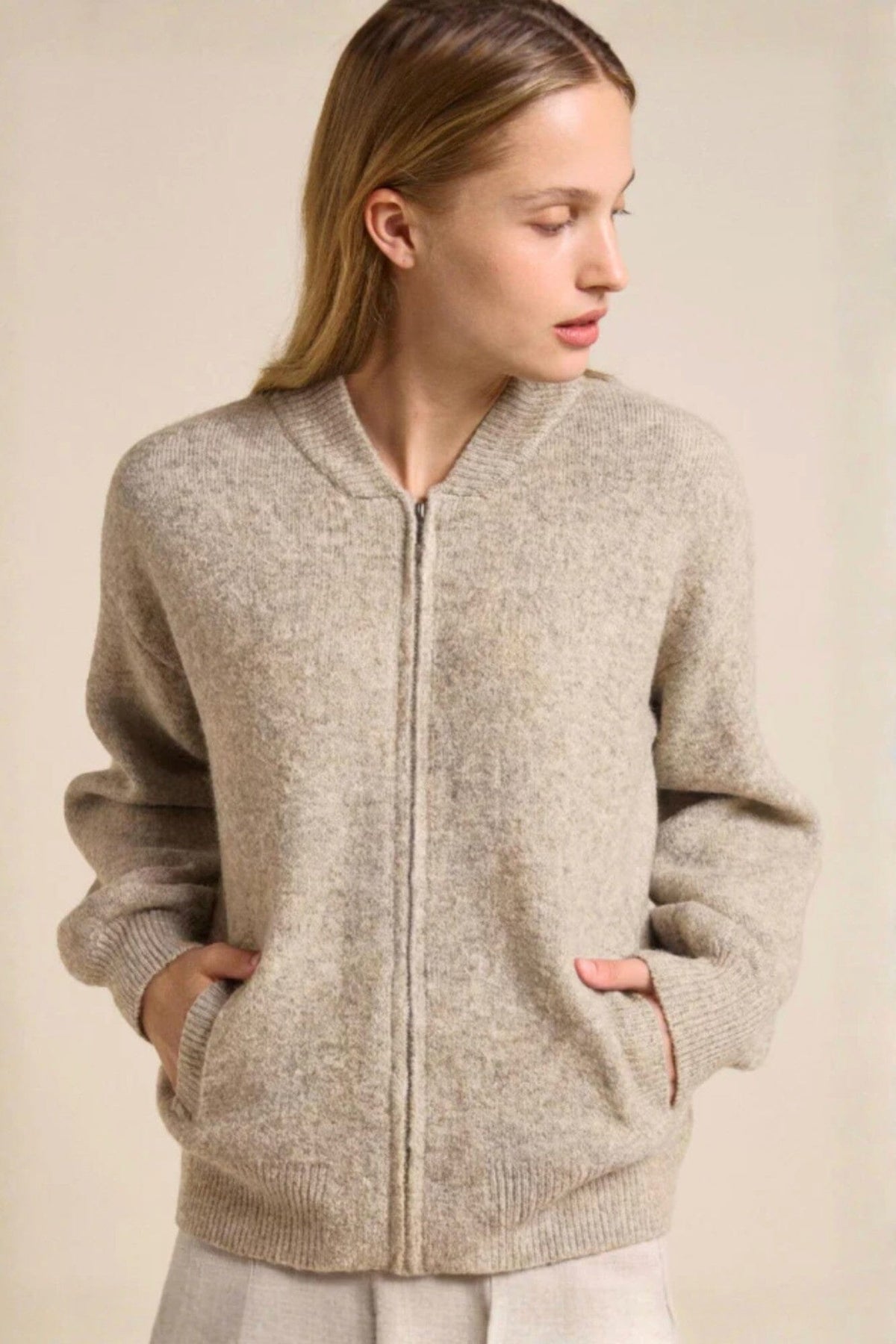 LITTLE LIES Knitted Bomber - Oatmeal Jacket - Zabecca Living