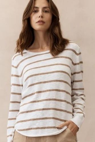 LITTLE LIES Nellie Stripe Top - Taupe & White Jumpers + Knitwear - Zabecca Living