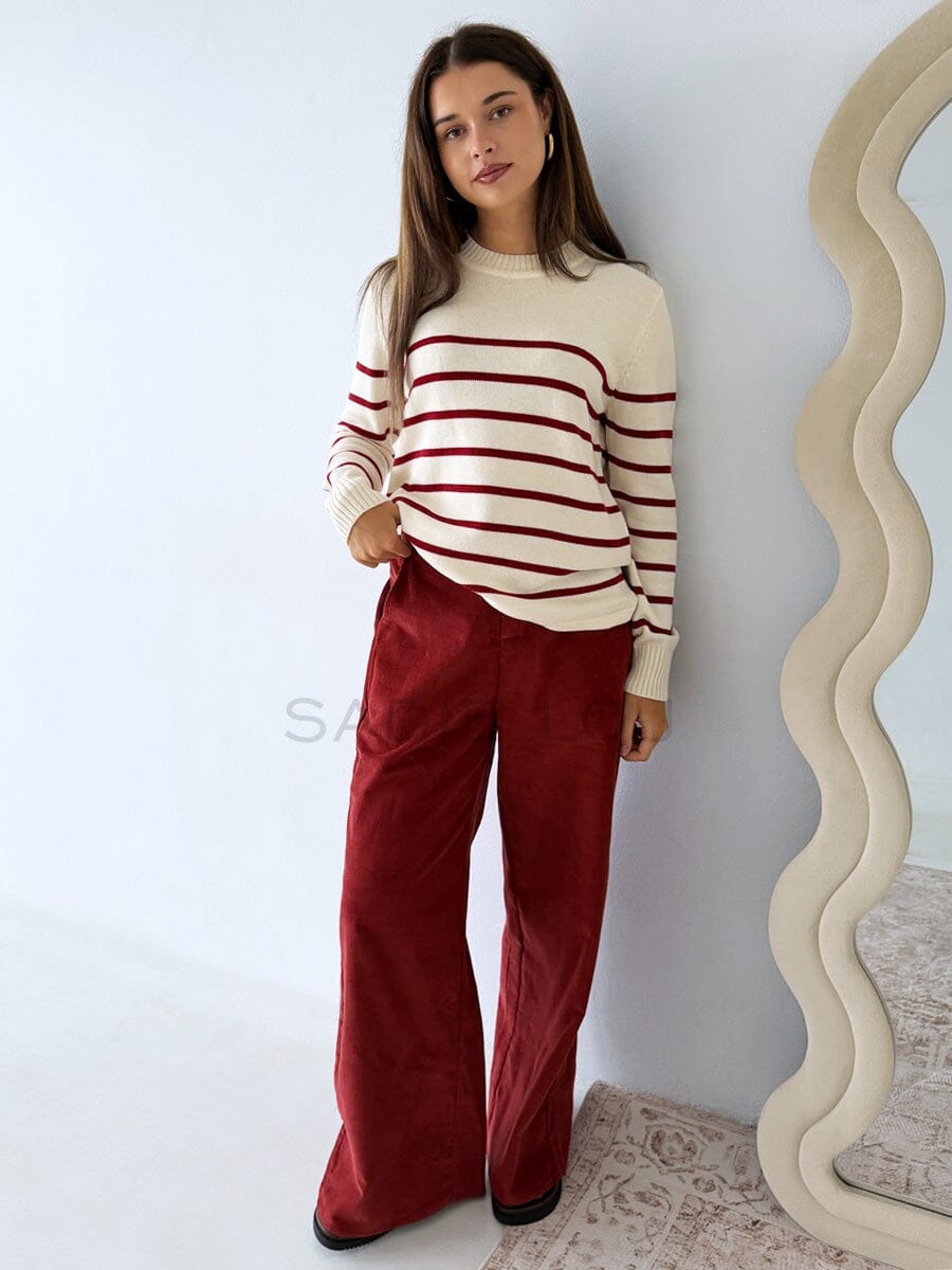 LITTLE LIES Serena Stripe Sweater - Cherry / White SWEATER - Zabecca Living