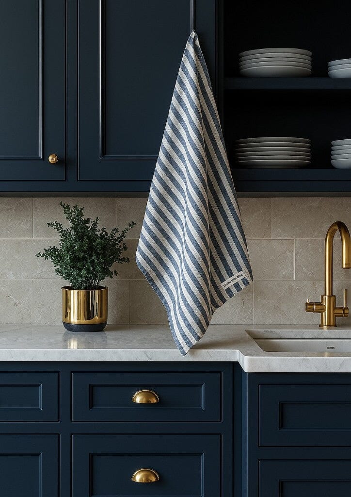 MAMA AND TOCHTER Pure French Linen Tea Towel - Navy Stripe - Zabecca Living