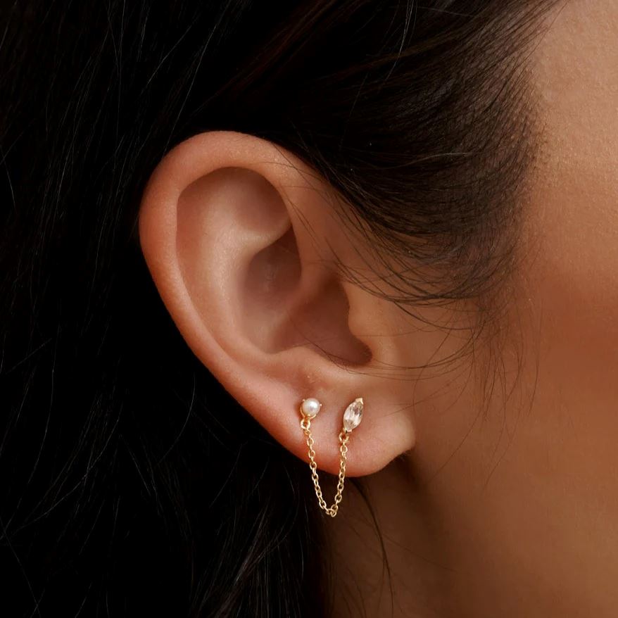 MURKANI White Topaz Marquise Stone Pearl & Chain - Yellow Gold Plate Earrings - Zabecca Living