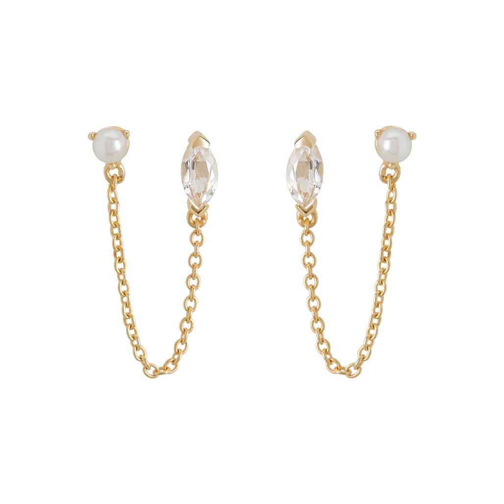 MURKANI White Topaz Marquise Stone Pearl & Chain - Yellow Gold Plate Earrings - Zabecca Living