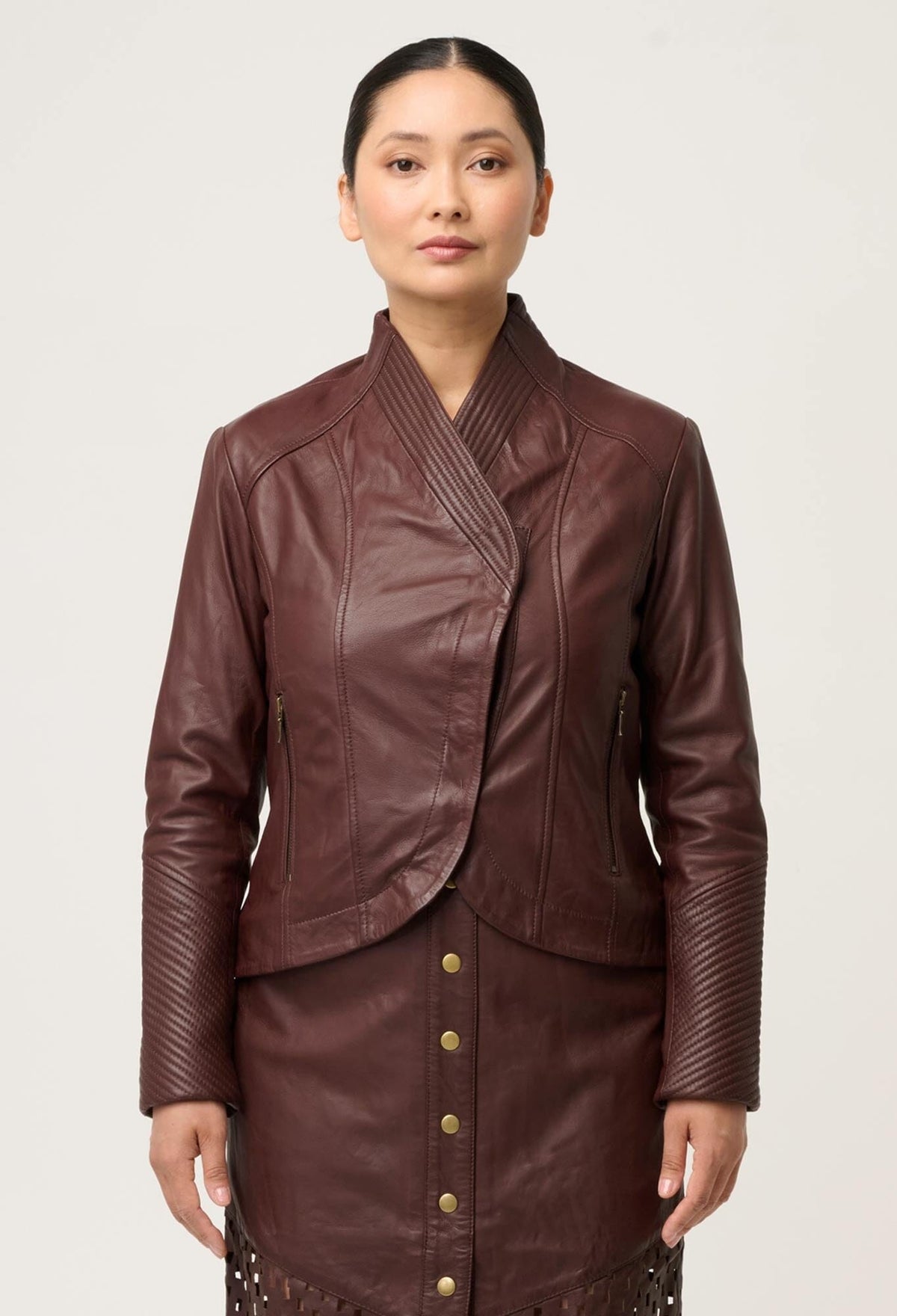 ONCE WAS Acer Leather Shawl Collar Detail Jacket Petite - Oxblood Jacket - Zabecca Living