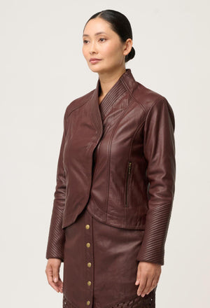 ONCE WAS Acer Leather Shawl Collar Detail Jacket Petite - Oxblood Jacket - Zabecca Living