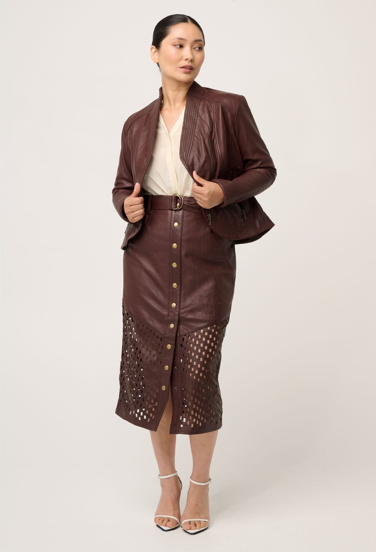 ONCE WAS Acer Leather Shawl Collar Detail Jacket Petite - Oxblood Jacket - Zabecca Living